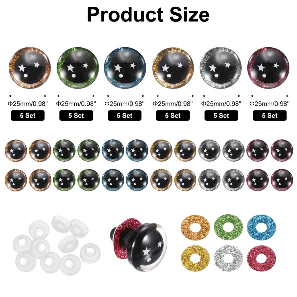 PATIKIL Conjunto de Segurança Par de Estrelas 25mm de Olhos de Segurança Realistas para Bonecas de Crochê com Boneca de Crochê Decorativa 6 Cores Olhos, 30, Arruelas, Acessórios,