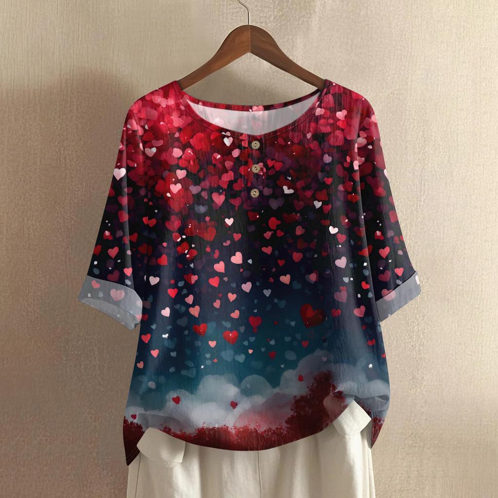 Damska koszulka z nadrukiem na Walentynki, casualowa, z krótkim rękawem, okrągłym dekoltem, z bawełny i lnu