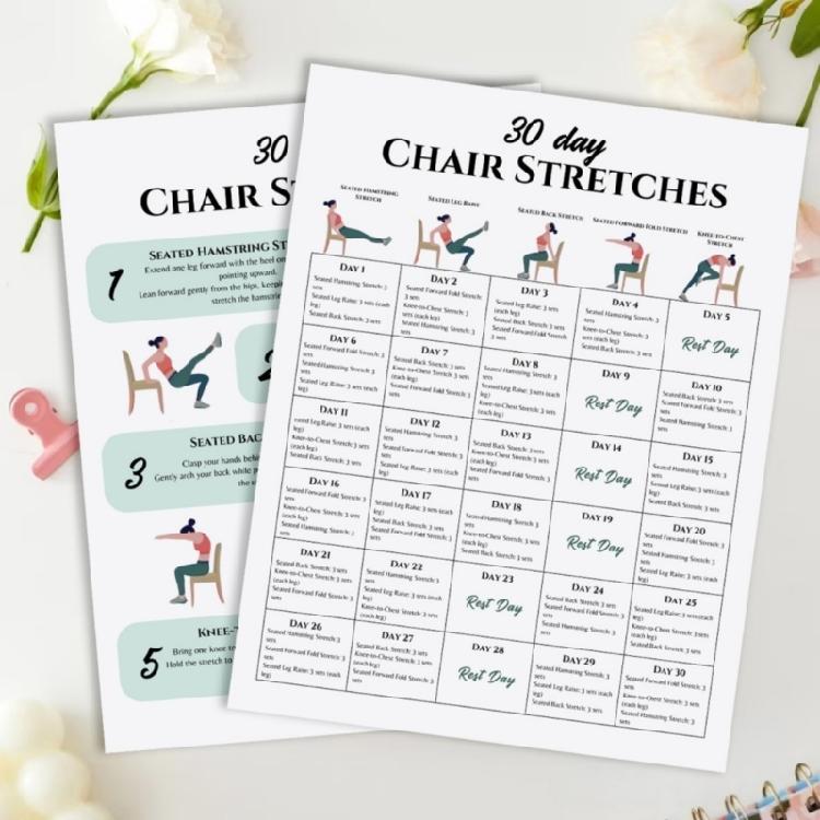 6Pcs Fitness Card Yoga Seated Postures Exercise Charts 30 Day Chair Exercises Plan Poster for Morning Sports Enduring