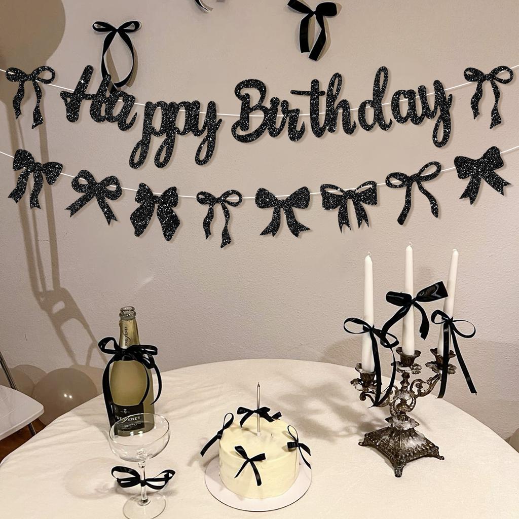 Black Bow Birthday Flag Banner Happy Birthday Party Decor Kids Adults Hanging Banner Photo Backdrop Wedding Baby Shower Supplies