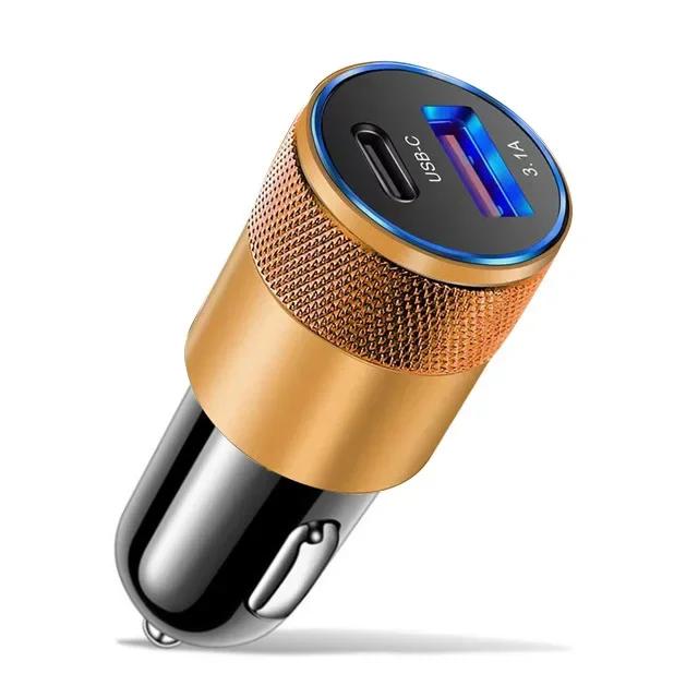 New One To Two Cigarette Lighter Multi Functional Mobile Car Charger 3.1A USB+PD Metal Car Charger Available in Four Colors