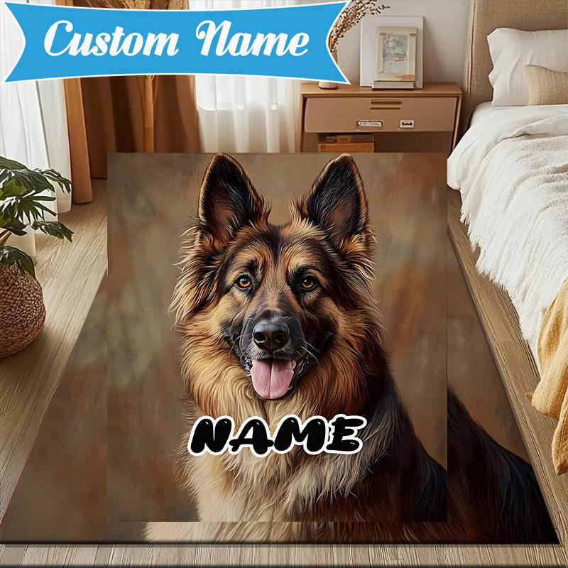 Custom Name German Shepherd Portrait Rug for Living Room, Game Rooms, Office, Bedroom, Floor Mat Playful Design, Fan Gifts Christmas Decor