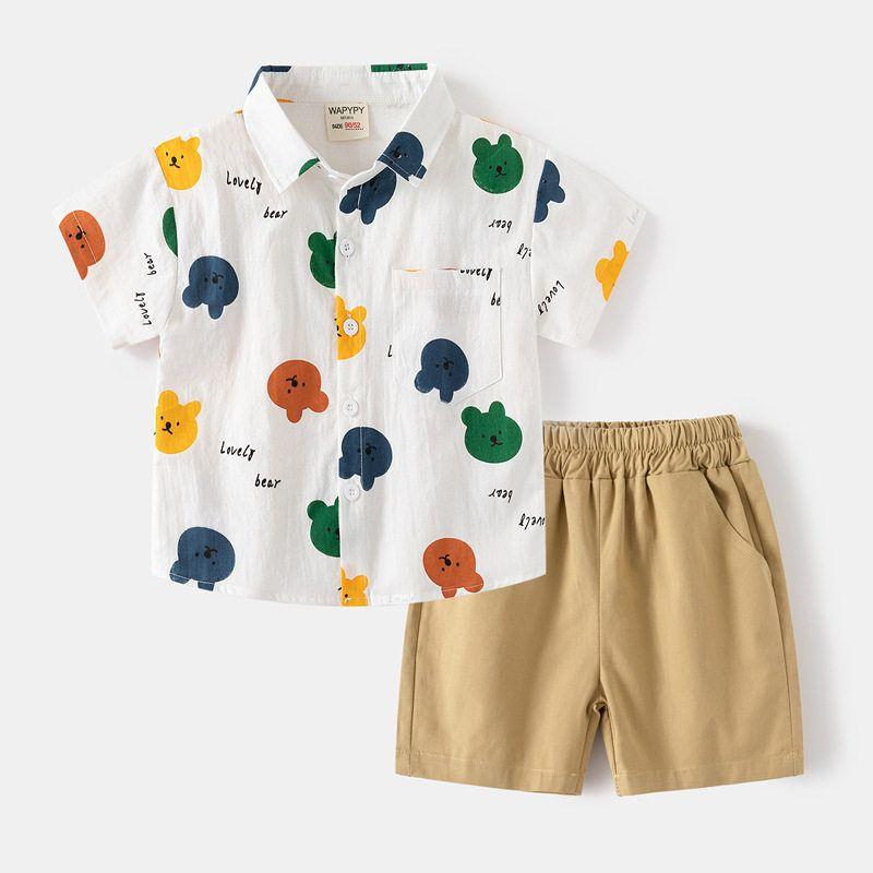 Children's Clothing Summer Boys' Bear Lapel Shirt Baby Polo Shirt Short Sleeve Shorts Suit Children's Shirt Cropped Pants