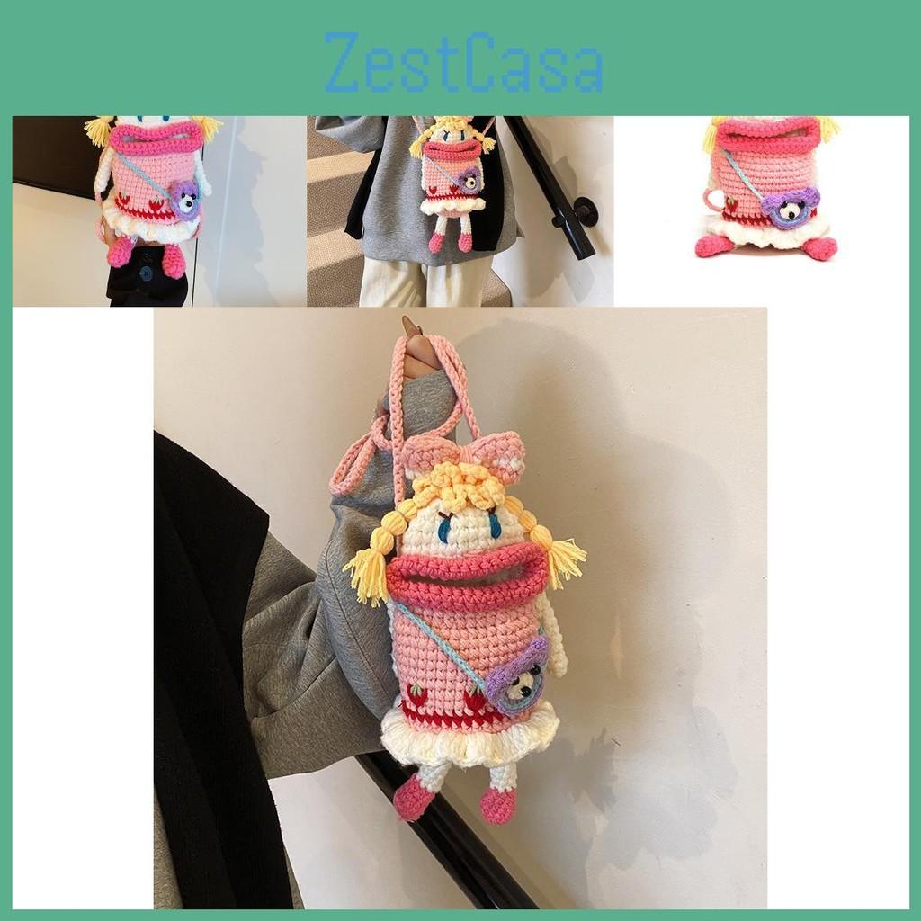 Knitted Pink Lovely Crossbody Bag For Children Featuring Cute Cartoon Motif Doll