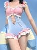 Sweet And Girly One,piece Swimsuit  Blocking And A Bow.