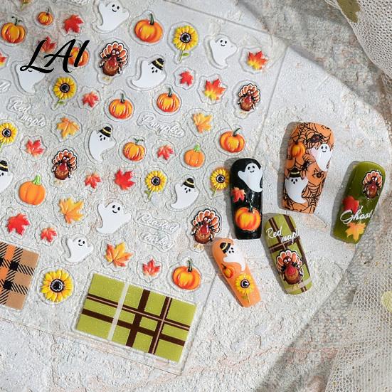 Fall Themed Nail Accessories Art Stickers for Halloween Thanksgiving Autumn Turkey Pumpkin Maple Wearable Manicure Leaf Sticker Embossed Waterproof