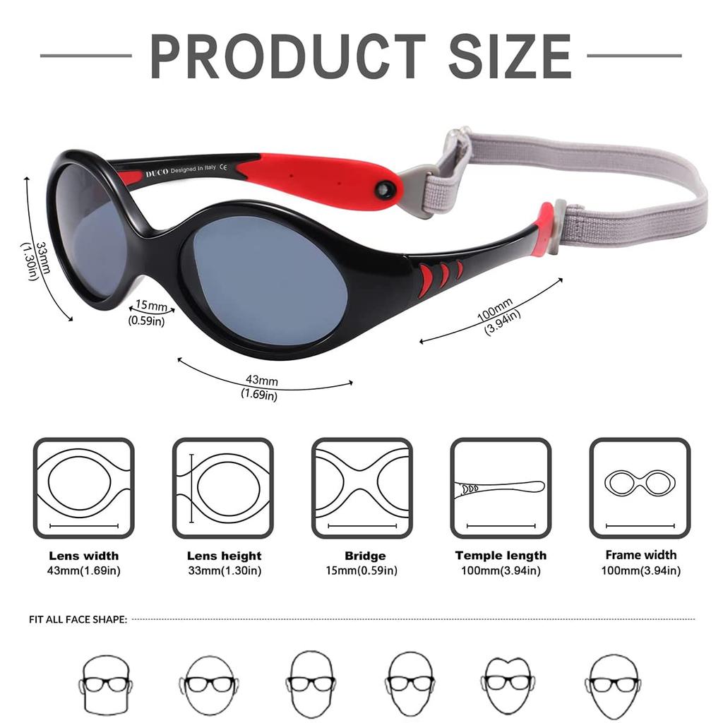 DUCO Baby Polarized Flexible Rubber UV400 Suitable for Ages K012 Sunglasses, Lenses, Frame, Headband, Protection, 0-3, (Red)
