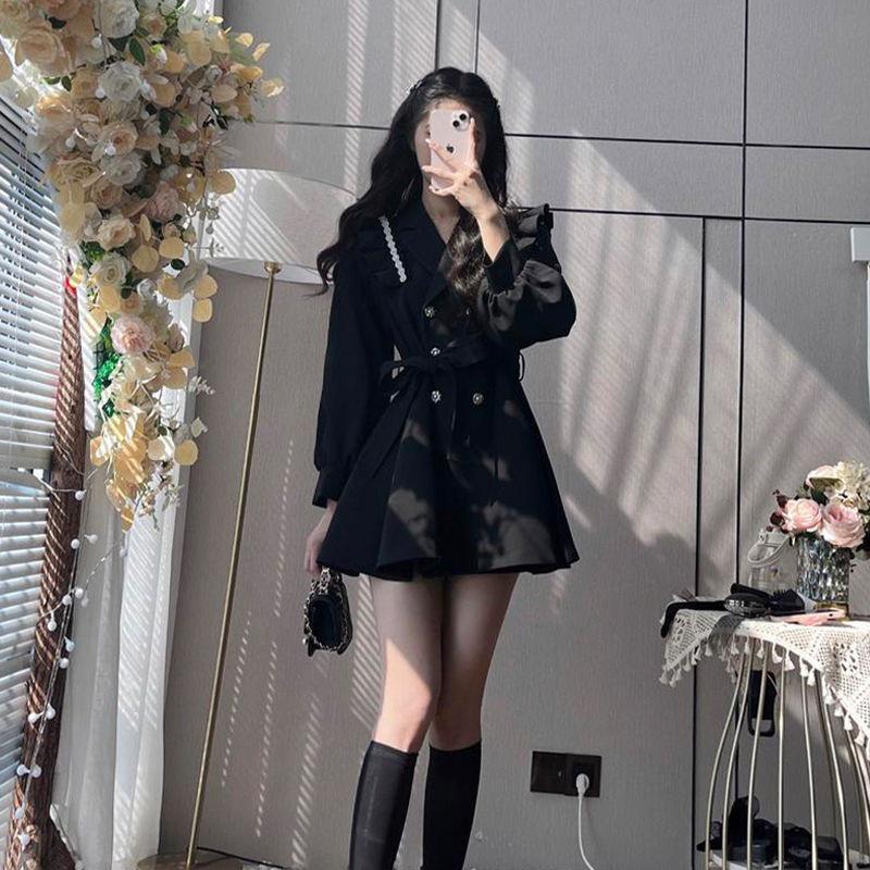 2023 Spring Black Ruffled Princess Windbreaker with Suit Collar