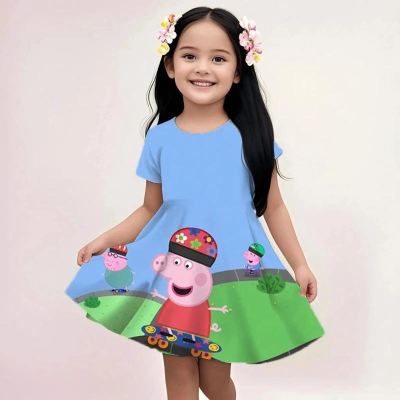Summer Kids Girls Casual Dress Peppa Pig Cute Cartoon Print Loose Fit Soft Breathable Lightweight Beach Sundress 110