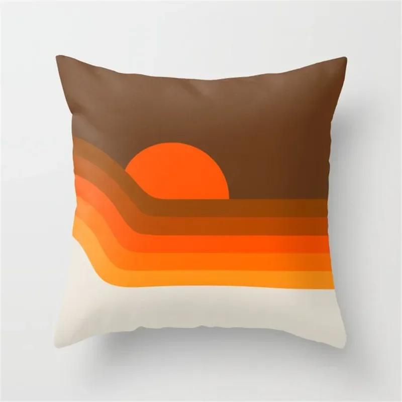 Vibrant Orange Rainbow Sunset Print Pillow Cover Abstract Geometric Lines   Sofa Car Office Cushion  Home Decor