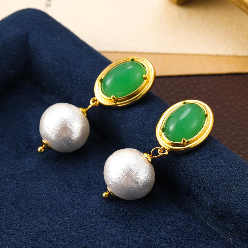 French Baroque Natural Green Agate Cotton Bead Earrings