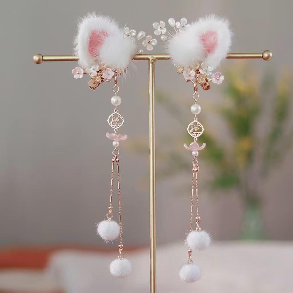 

Игривые заколки для волос в древнем стиле ханьфу с кошачьими ушками и длинной кисточкой - Плюшевые аксессуары для костюма для детей