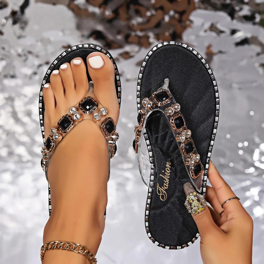 2025 Comfortable and Fashionable All-match Beach Shoes Non-slip Soft Bottom Casual Flip-flops Rhinestone Flat Slippers Size 42