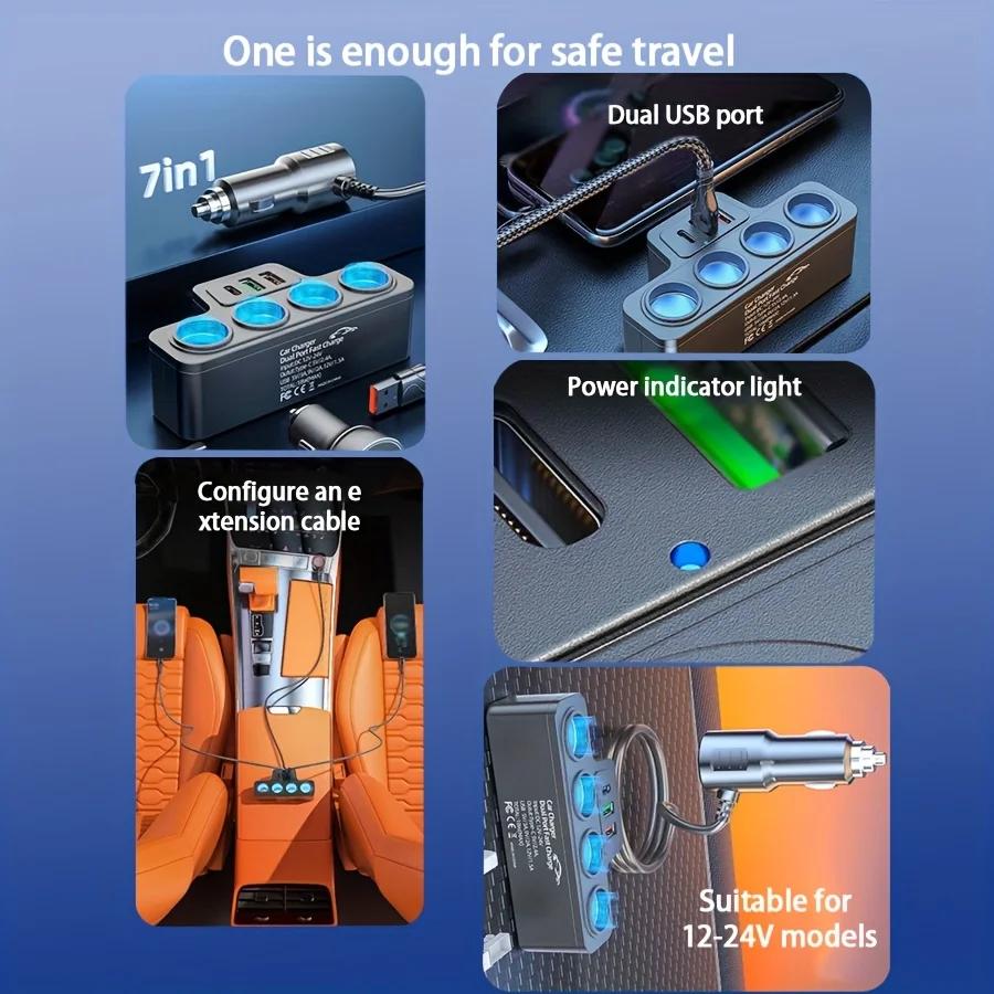 Multi-port QC3.0 PD Car Charger Adapter 4 Expansion Ports 12-24V Car Plug Smart Shunt for Fast Charging