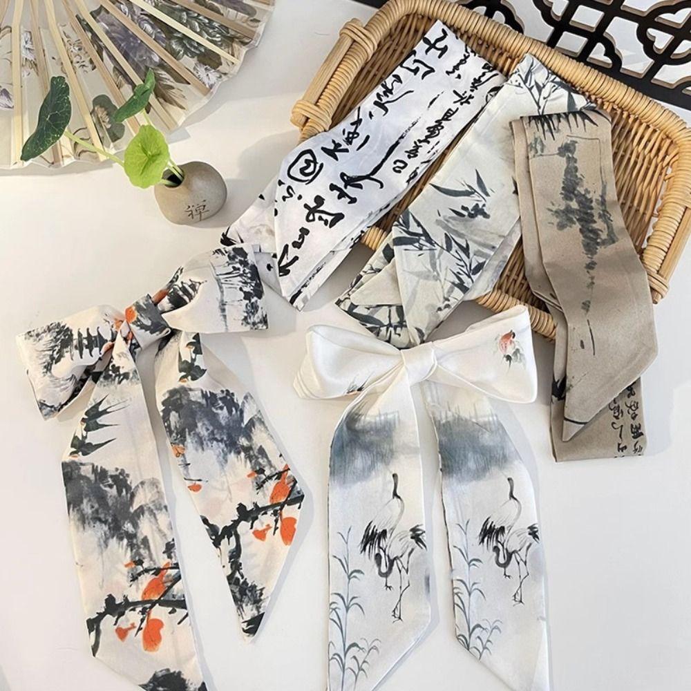 Long Ink Painting Silk Scarf Minimalist Style Ribbon Headband Retro Long Silk Scarf  Lady
