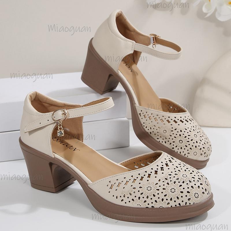 Fashion Ankle Strap High Heels Sandals for Women 2025 Summer Hollow Out Breathable Pumps Woman Comfortable Chunky Heeled Mary Jane Shoes