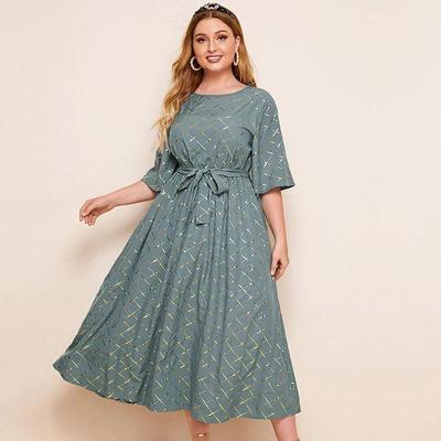 Wiosna Lato Plus Rozmiar Kobiety O Neck Krótki Rękaw Linia Drukowane Pas Długie Sukienki L-4XL