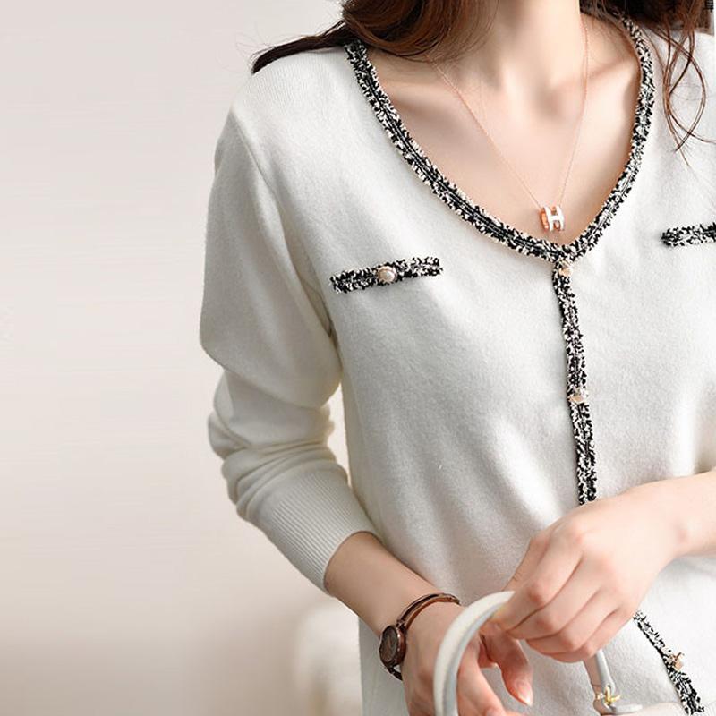 Women Summer Knitted Sweater Thin V-neck Long Sleeve Pearl Beeding Outer Wear Bottoming Shirt Solid Color Black White
