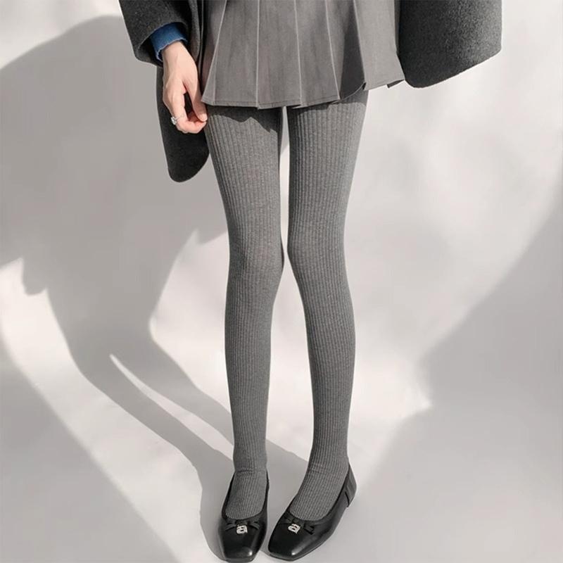 Women Vintage Slim Stockings Solid Color Thicken Ribbed Striped Pantyhose Tights