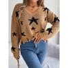Autumn/Winter Casual V-Neck Star-Print Distressed Long-Sleeved Knitted Pullover for Women