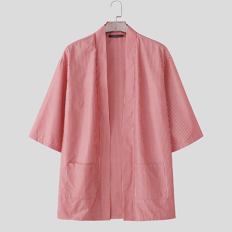 

INCERUN Мужской кардиган-кимоно с рукавами летучая мышь, открытый спереди, в полоску, в стиле кэжуал S красный