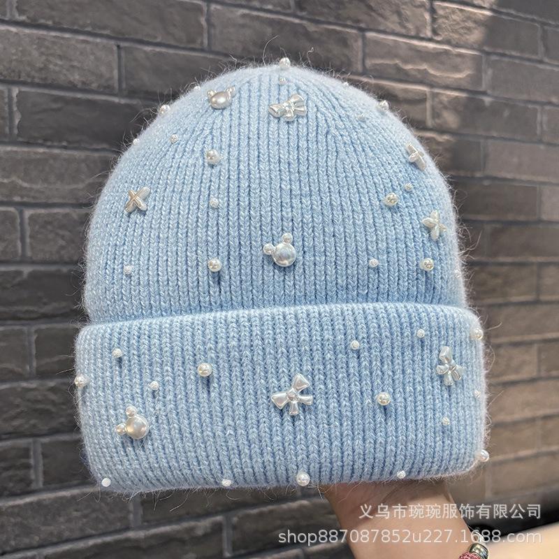 Autumn and winter new pearl bow light luxury wool hat women's big head circumference shows a small face, cold-proof ear protection knitted hat