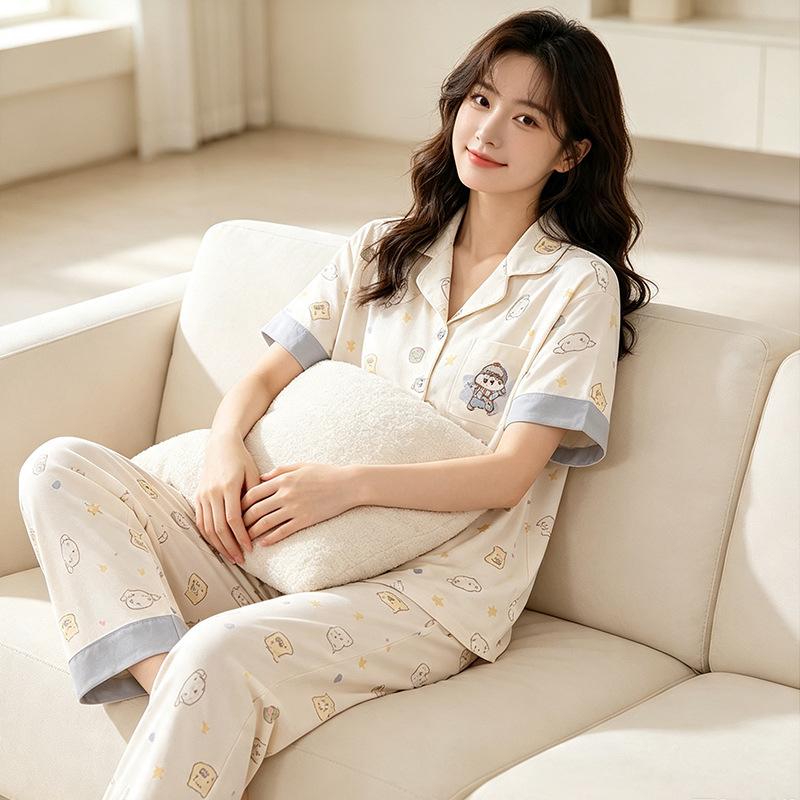 Summer Soft Cute Cartoon Girl Pajamas Imitation Cotton Cardigan Short-sleeved Three-piece Set Sweet Cute Crayon Small New Loungewear