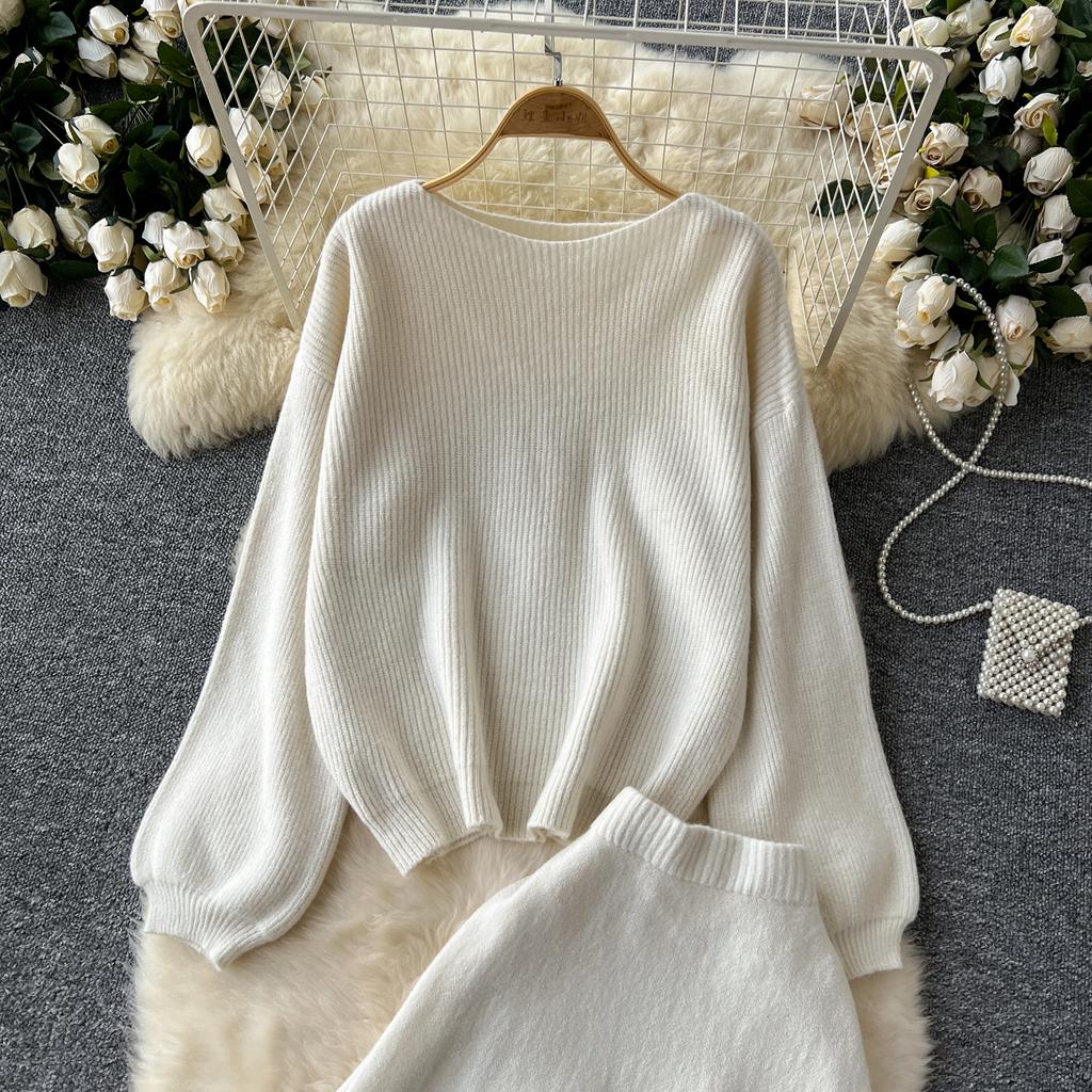 Autumn Casual Two Pieces Sets Women O-Neck Loose Knitting Top+Elastic Waist Large Swing Skirt Basic Korean Winter Sets