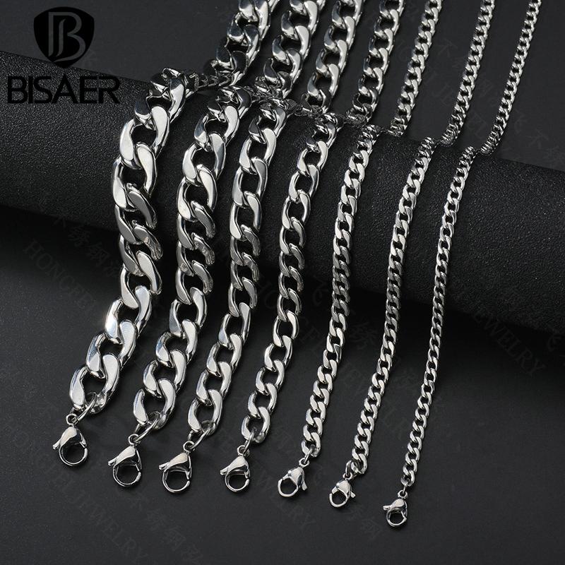 Bisaer Cuban Necklace for Men Women Titanium Punk Vintage Fashionable and Versatile Link Chain Necklace Silver Metal Jewelry