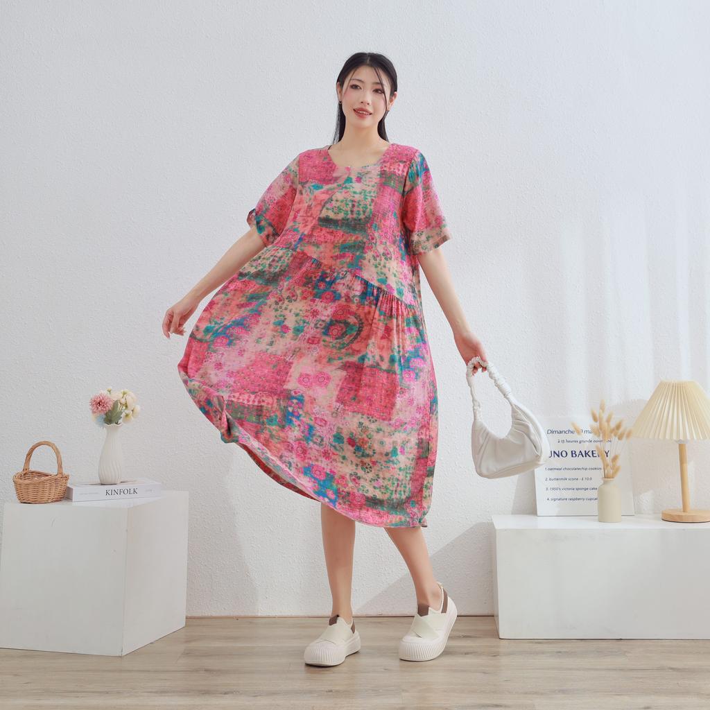 Dimanaf 2025 Women Plus Size Pink Summer Dress Casual Floral Dress Basic Vintage Loose Long Dress