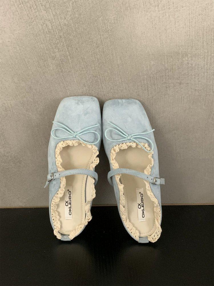 Evening Women's Shoes Gentle Flat French Mary Jane Half Slippers Bow Single Shoes Spring and Summer Retro Blue Ballet Shoes