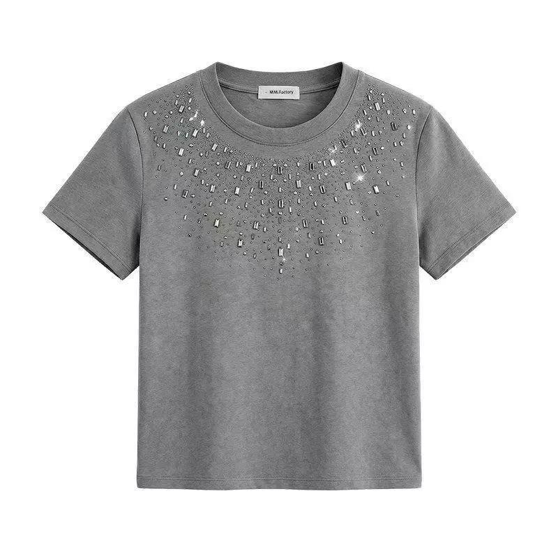 Women's Slim Fit Solid Color Bling Rhinestone Casual Short Top For Summer Daily