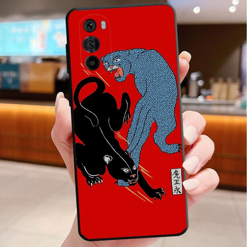 Case For Motorola Edge 50 40 Pro 60 50 40 30 Ultra Neo Fusion G85 G72 G53 G54 G84 G13 G32 Ukiyo-e Art Panther Leopard Tiger