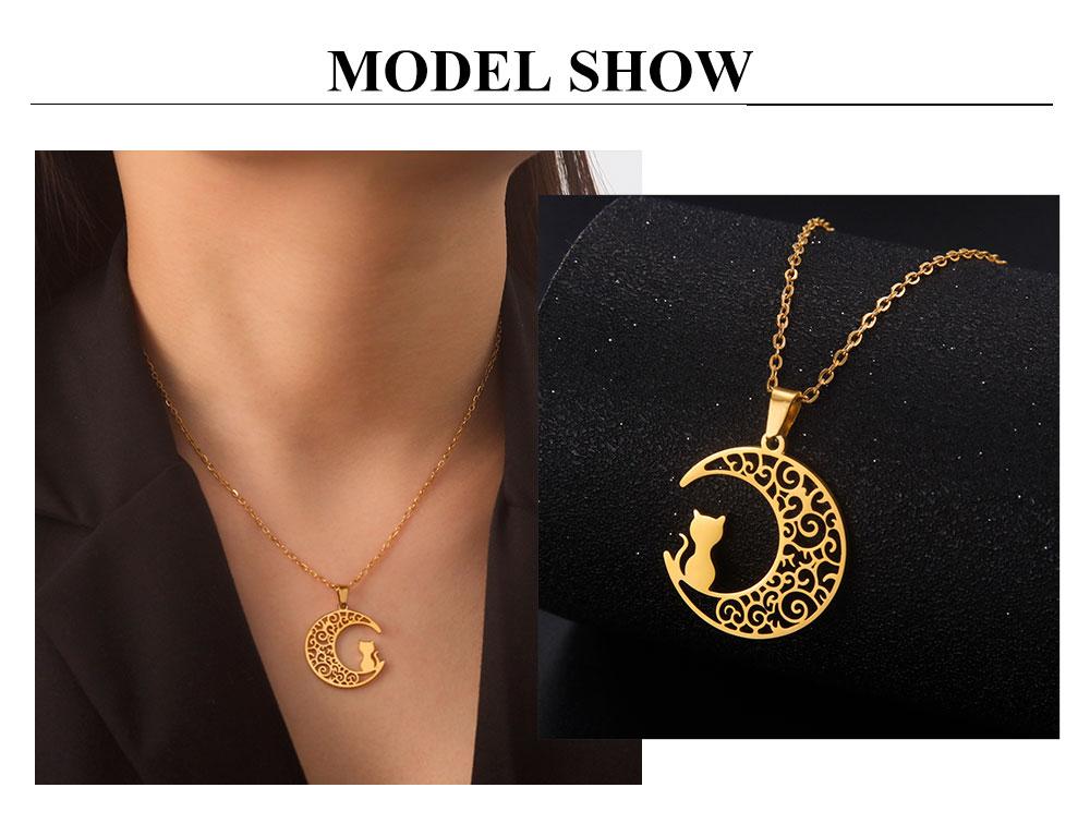 Cazador Crescent Moon Cat Pendant Necklaces for Women Animal Kitten Filigree Neck Chain 2026 Stainless Steel Jewelry Gift Trend