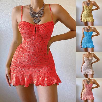 Yeni Kadın Modası Çiçekli Spagetti Askılı Mini Elbise Kadınlar için Kolsuz Vücuda Oturan Elbiseler Çiçek Baskılı Yazlık Günlük Elbise Büyük Beden