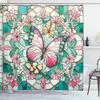 Vintage Shower Curtain, Mosaic Stained Glass Inspired Illustration Of Spring Flowers And Butterfly, Cloth Fabric Bathr