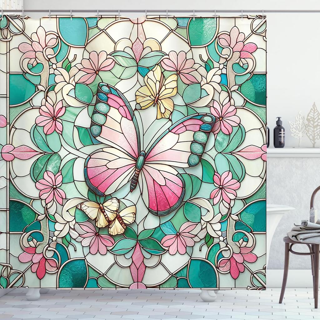 Vintage Shower Curtain, Mosaic Stained Glass Inspired Illustration Of Spring Flowers And Butterfly, Cloth Fabric Bathr