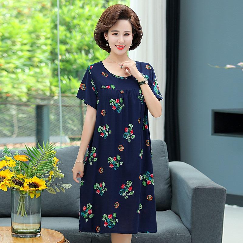 Mom summer dress medium and long pure cotton silk nightdress year-old new Chinese women's knee skirt