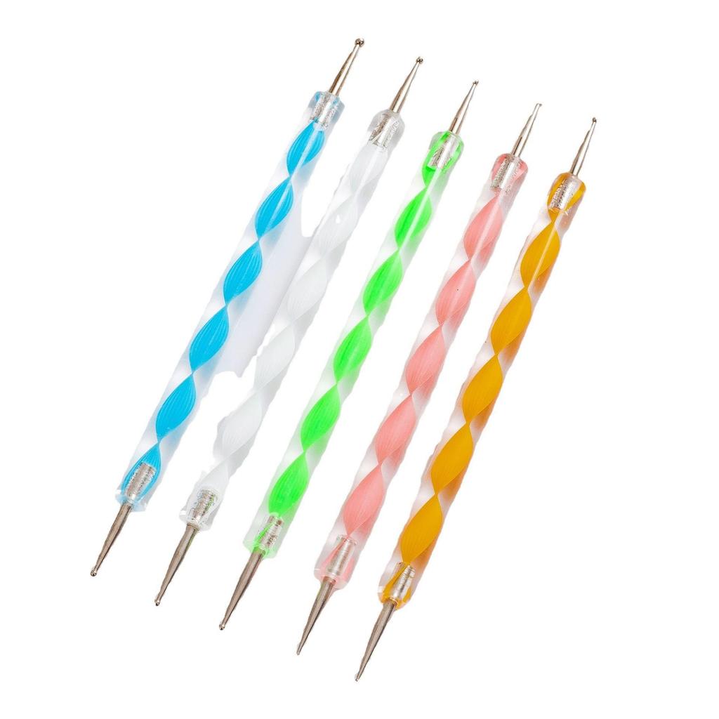 Sada per pro zdobení nehtů: 5 akrylových oboustranných tečkovacích per se spirálovou tyčinkou a tečkovací jehlou pro kamínky