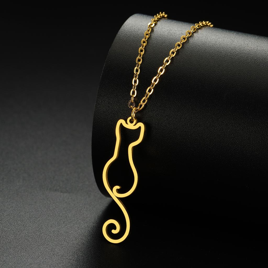 Lemegeton Long Tail Cute Cat Charm Pendant Necklace for Women Girls Animal Kitten Stainless Steel Necklace Jewelry Gift