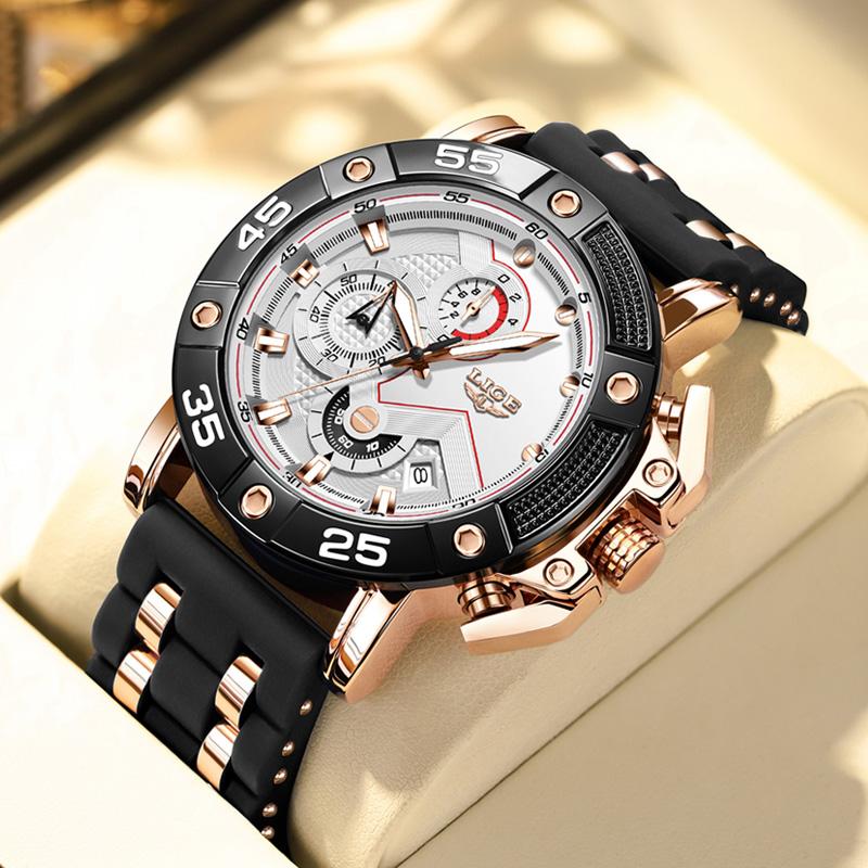 LIGE Big Dial Watch Men Fashion Business Watch Men Military Silicone Sports Waterproof Quartz Chronograph Relogios Masculino+Box
