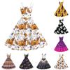 Damen schulterfreies Retro Halloween Print A-Linien Schwingkleid mit ausgestelltem Rock für Kostümparty, Ausgehen, Club und Halloween-Veranstaltungen