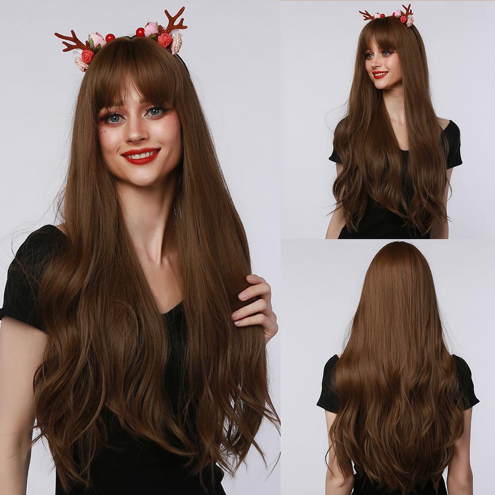 Synthetic Wigs Long Natural Wavy Wig Ombre Brown Golden Highlight Blonde Layered Hair with Side Bangs for Women Heat Resistant