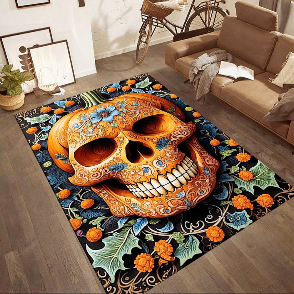 Sugar Skull Pumpkin Art Floor Mats for Living Room, Bedroom and Room Decoration Are Suitable for Gifts.