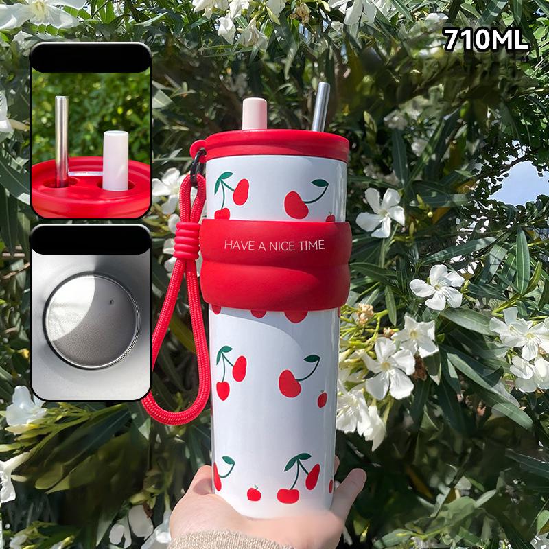 High-value Thermos Cup with Carrying Rope Portable Ice Cup Large-capacity Car Straw Water Cup