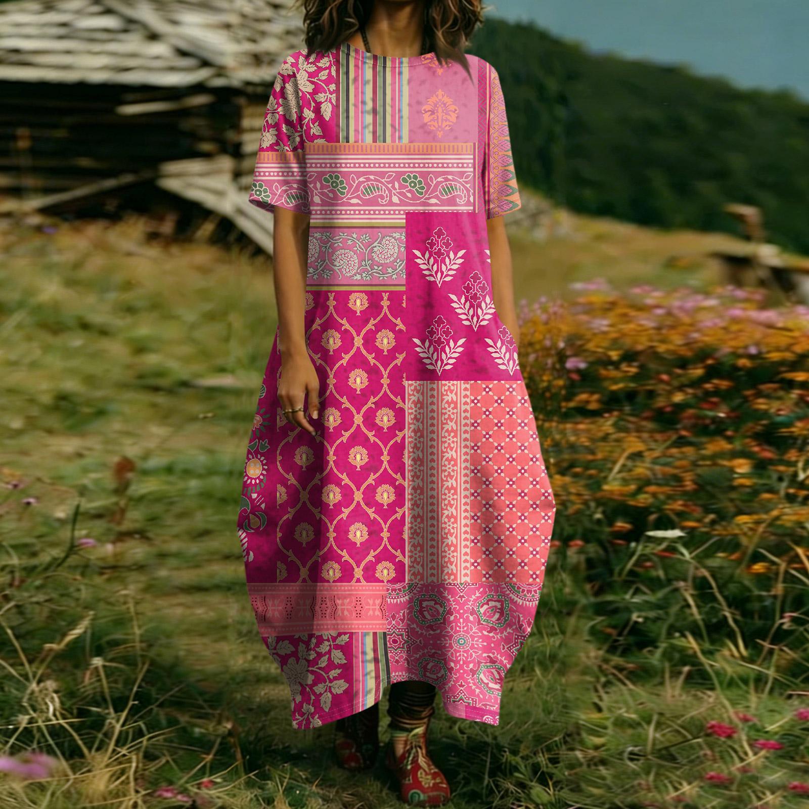 

Жіноча Модна Кольорова Сукня З Коротким Рукавом З Кишенею XXL рожевий