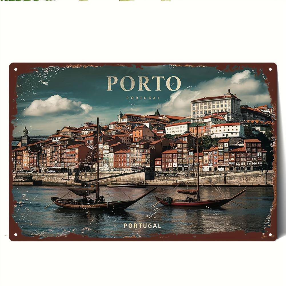 

2D Flat, 1pc Vintage Metal Sign | Ancient Architecture and Sailboat Scenery by the Douro River in Porto, Portugal | 20*30cm 20x30cm（7.8x11.8inch）