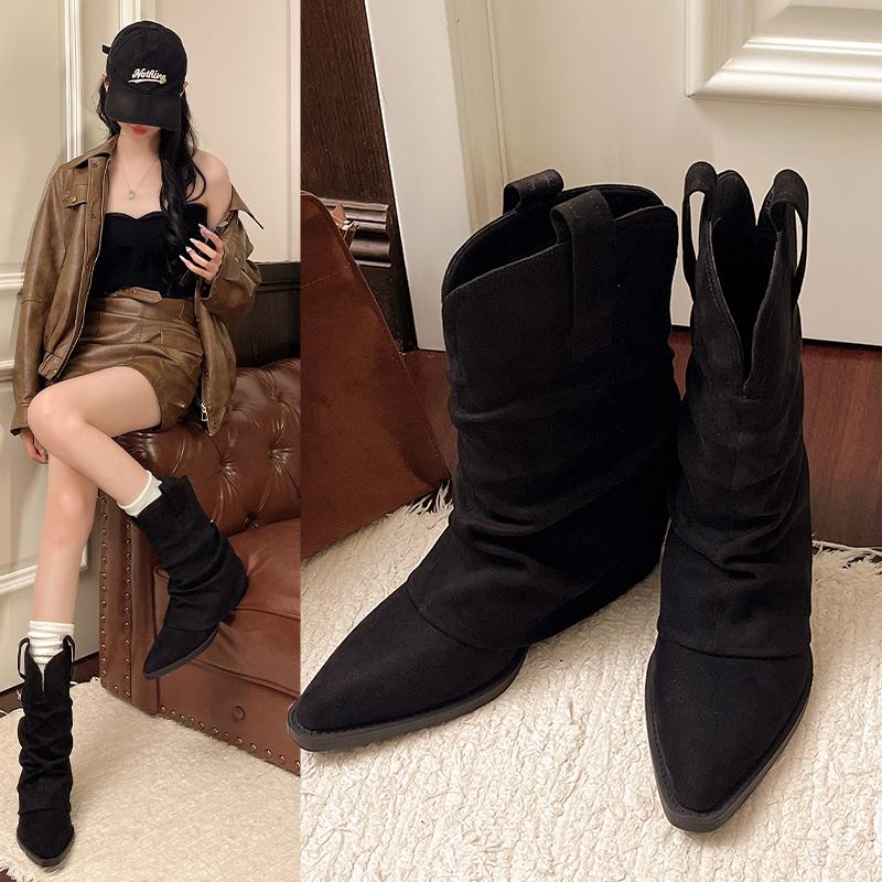

Fashion Autumn Winter Women s Short Boots Velvet High Heel Western Style Fashionable Ankle Boots for Ladies Spring Autumn Season 35 чёрный