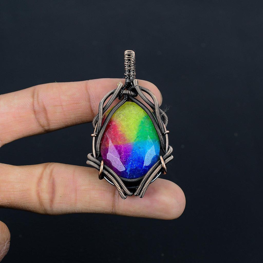 Rainbow Solar Quartz 999 Copper Wire Wrapped Pendant, Handmade Gemstone Pendant Jewelry, Gifts For Wife Brand New Pendant