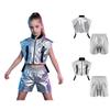 Kids Hip Hop Jazz Dance Costume Sleeveless Side Zip Metallic Vest with Detachable Side Button Shorts for Stage Show